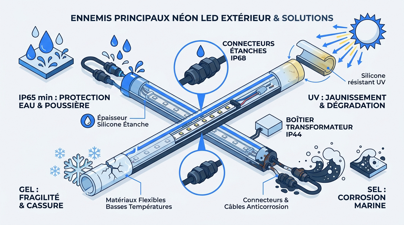 Schéma technique des agressions climatiques sur un néon LED extérieur et solutions d'étanchéité