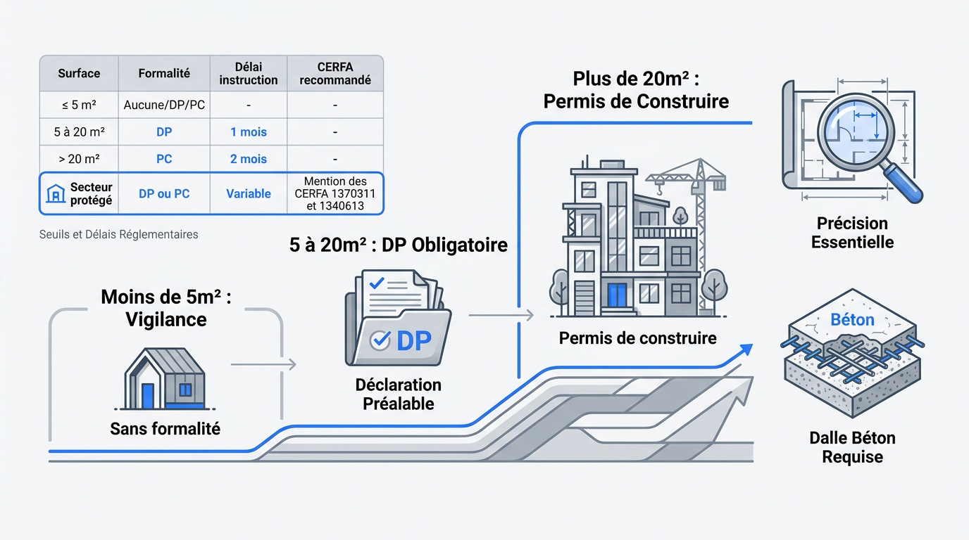 Tableau récapitulatif des formalités administratives pour abri de jardin selon la surface en 2026