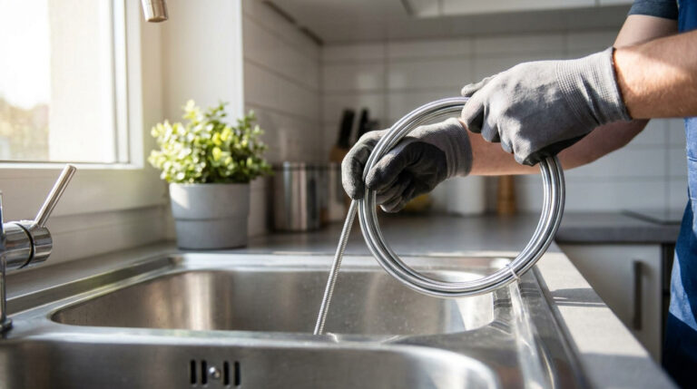 Plombier portant des gants manipulant un furet métallique dans un évier de cuisine en inox.