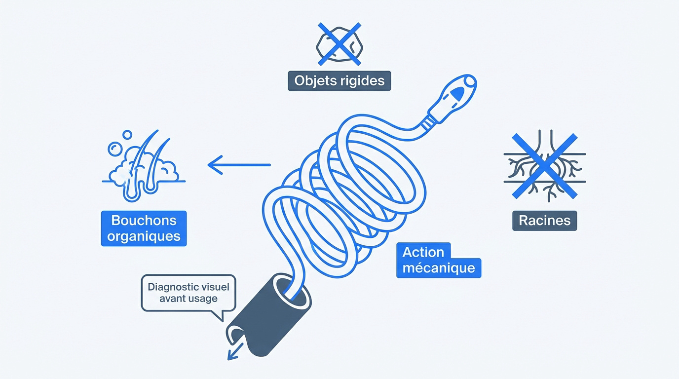 Utilisation d'un furet de plombier flexible pour déboucher une canalisation de salle de bain