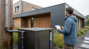 Un homme examine une citerne de récupération d'eau de pluie installée près d'une maison moderne à l'aide d'une tablette.