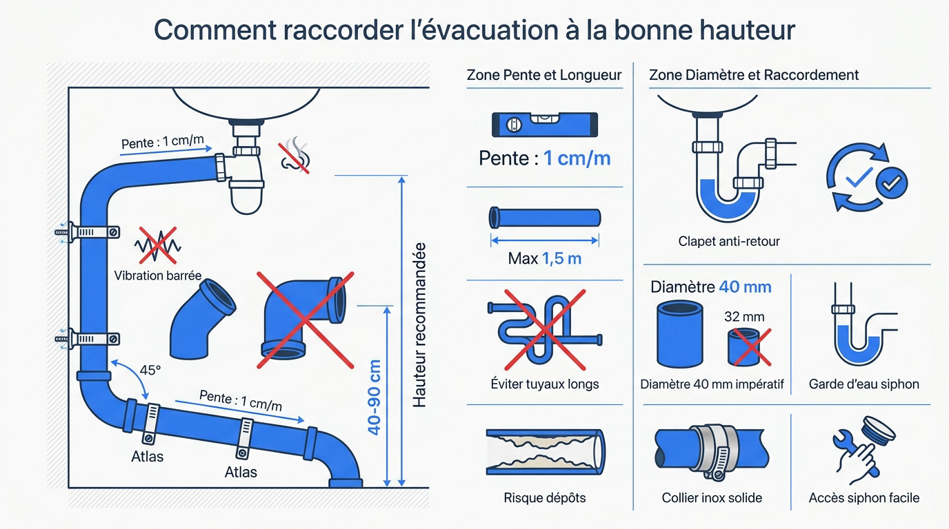 Schéma technique du raccordement d'évacuation pour lave-vaisselle respectant les normes de hauteur