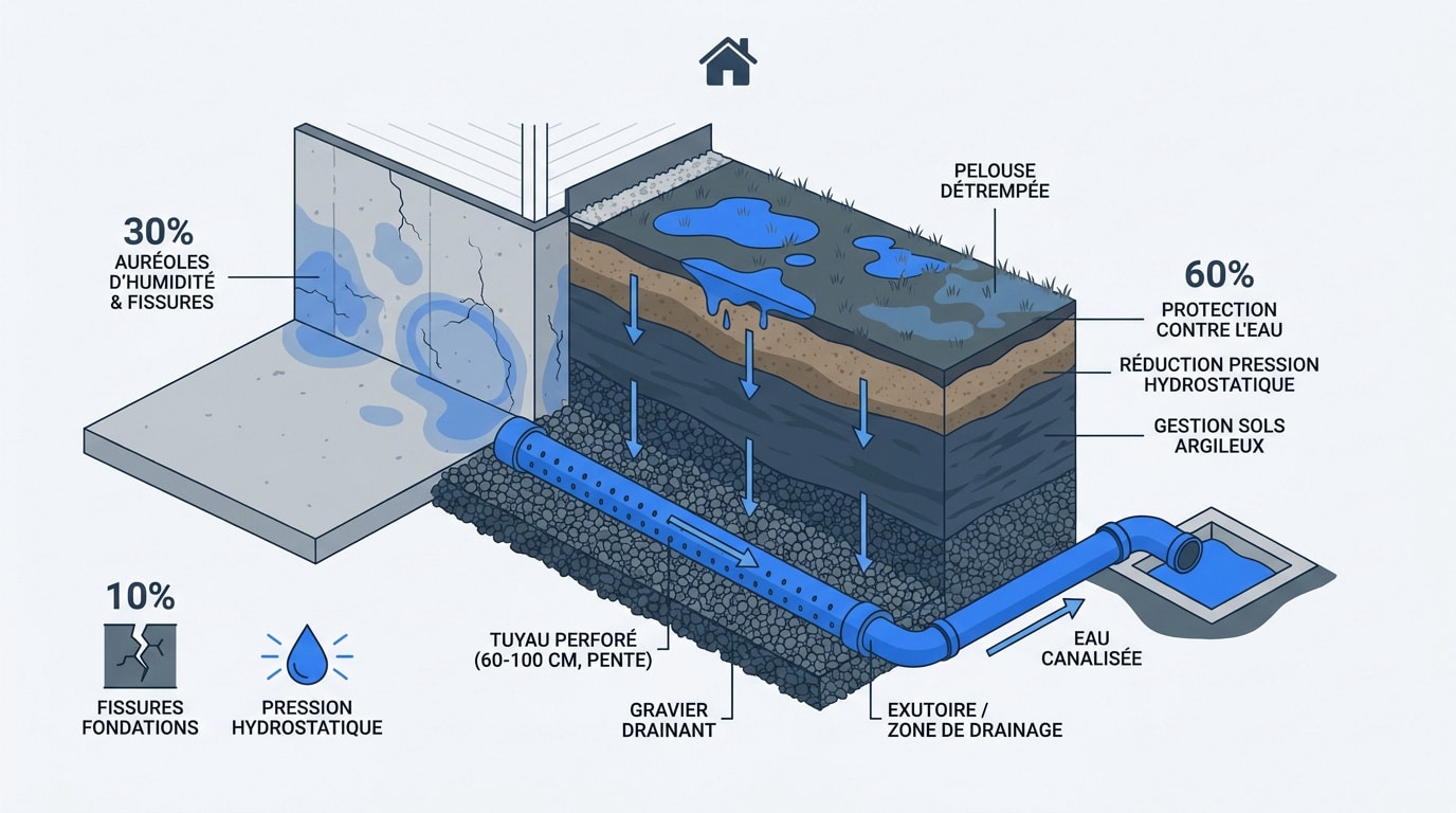 Schéma technique d'un système de drainage périphérique avec tuyau perforé et remblai en gravier