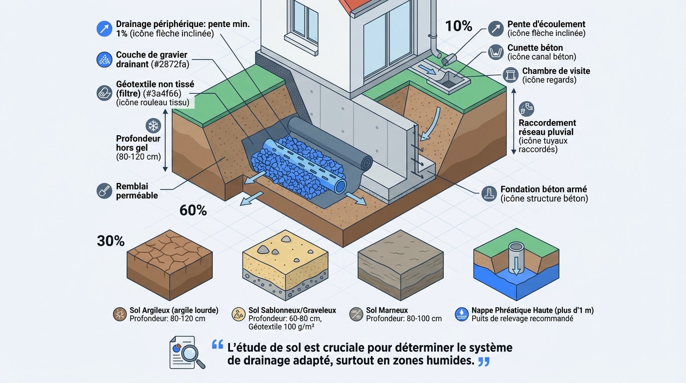 Schéma technique de la profondeur d'un drain de fondation selon le type de sol