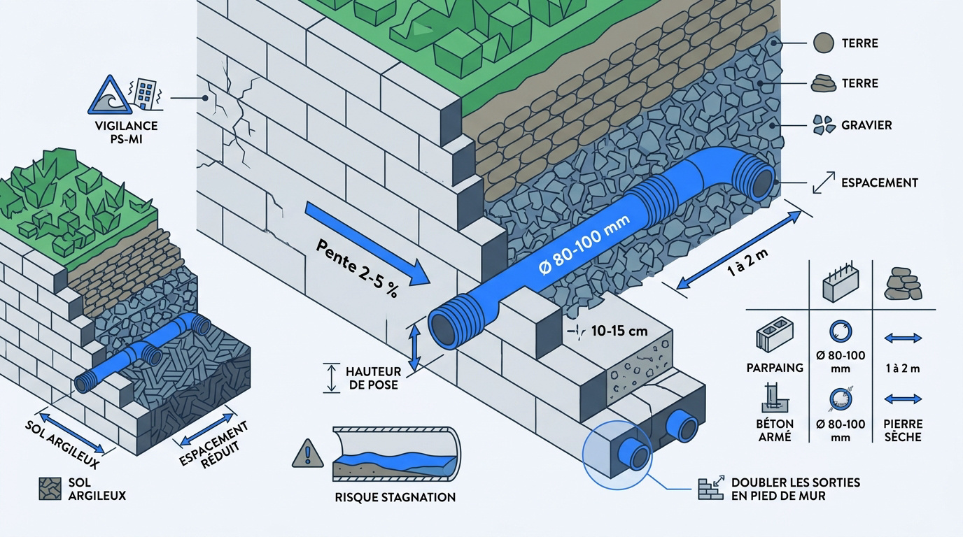 Schéma technique d'un mur de soutènement avec barbacane et massif drainant