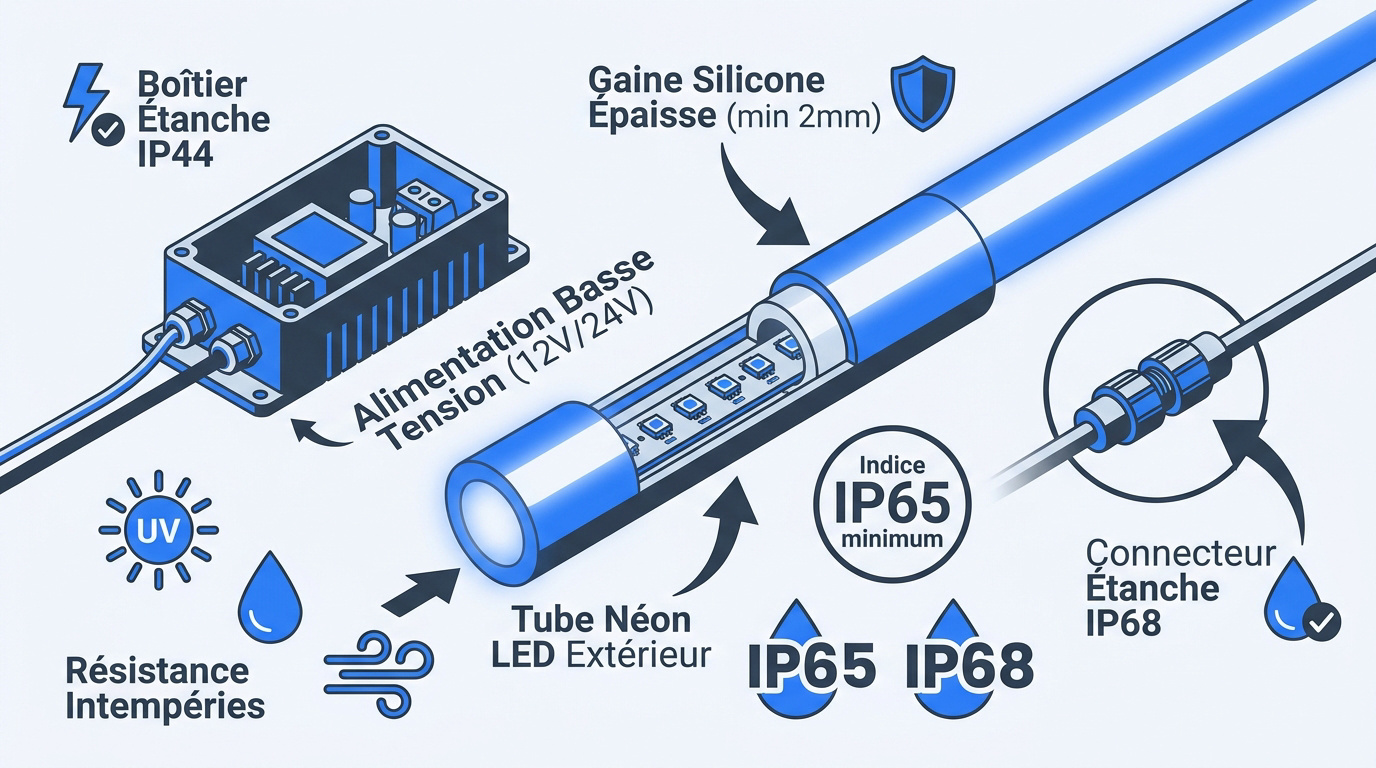 Schéma technique de l'étanchéité d'un néon LED extérieur IP65