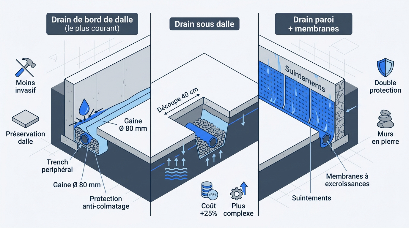 Infographie présentant les trois méthodes de drainage intérieur pour cave humide