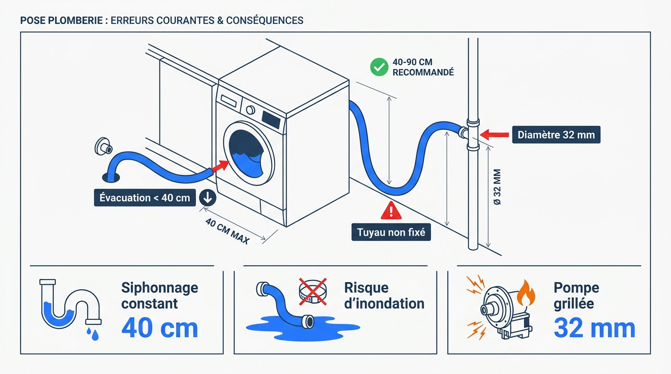 Infographie détaillant les erreurs de raccordement et de hauteur pour l'évacuation des eaux usées