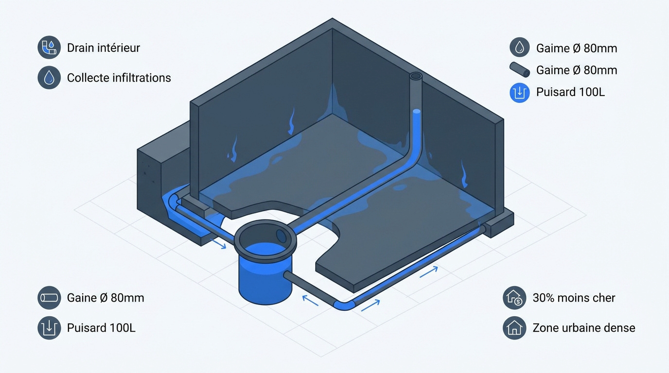 Schéma technique d'un système de drainage intérieur avec puisard et pompe de relevage