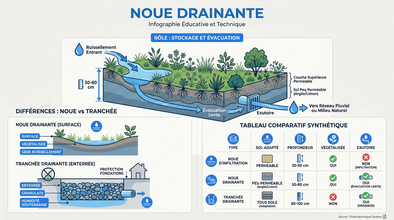 Schéma technique comparatif entre une noue drainante et une tranchée drainante pour la gestion des eaux pluviales