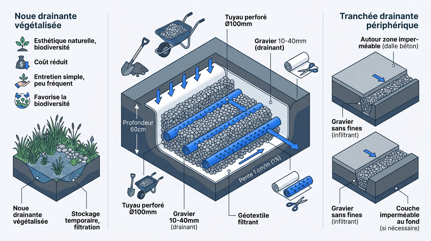 Schéma technique de drainage avec drain français, noue végétalisée et tranchée drainante pour terrain humide