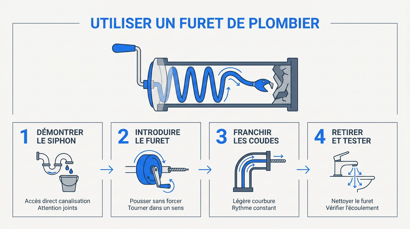 Infographie détaillant les étapes pour utiliser un furet de plombier et déboucher une canalisation