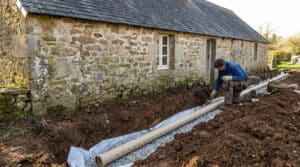 Un artisan installe un drain perforé sur un lit de graviers au pied d'un mur en pierre d'une maison ancienne.