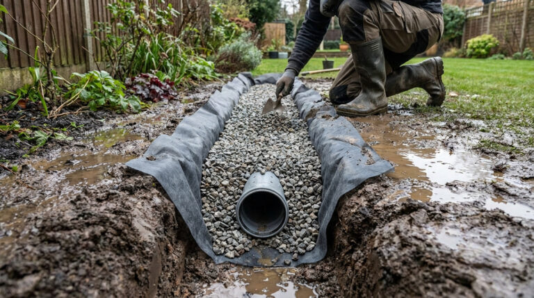 Artisan installant un drain agricole dans une tranchée remplie de graviers au milieu d'un jardin gorgé d'eau.