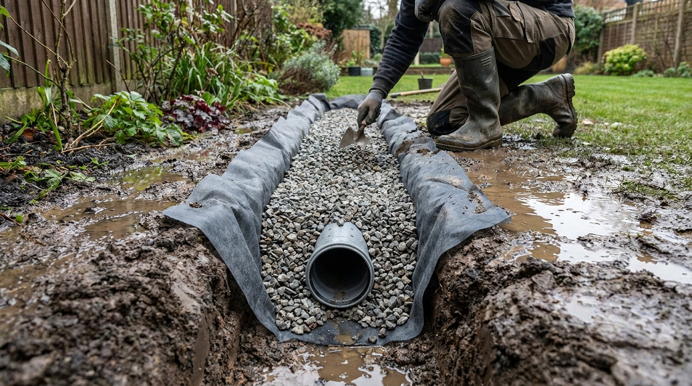Artisan installant un drain agricole dans une tranchée remplie de graviers au milieu d'un jardin gorgé d'eau.