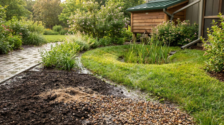 Aménagement paysager avec zone de drainage et graviers pour gérer l'eau de pluie près d'une maison en bois.