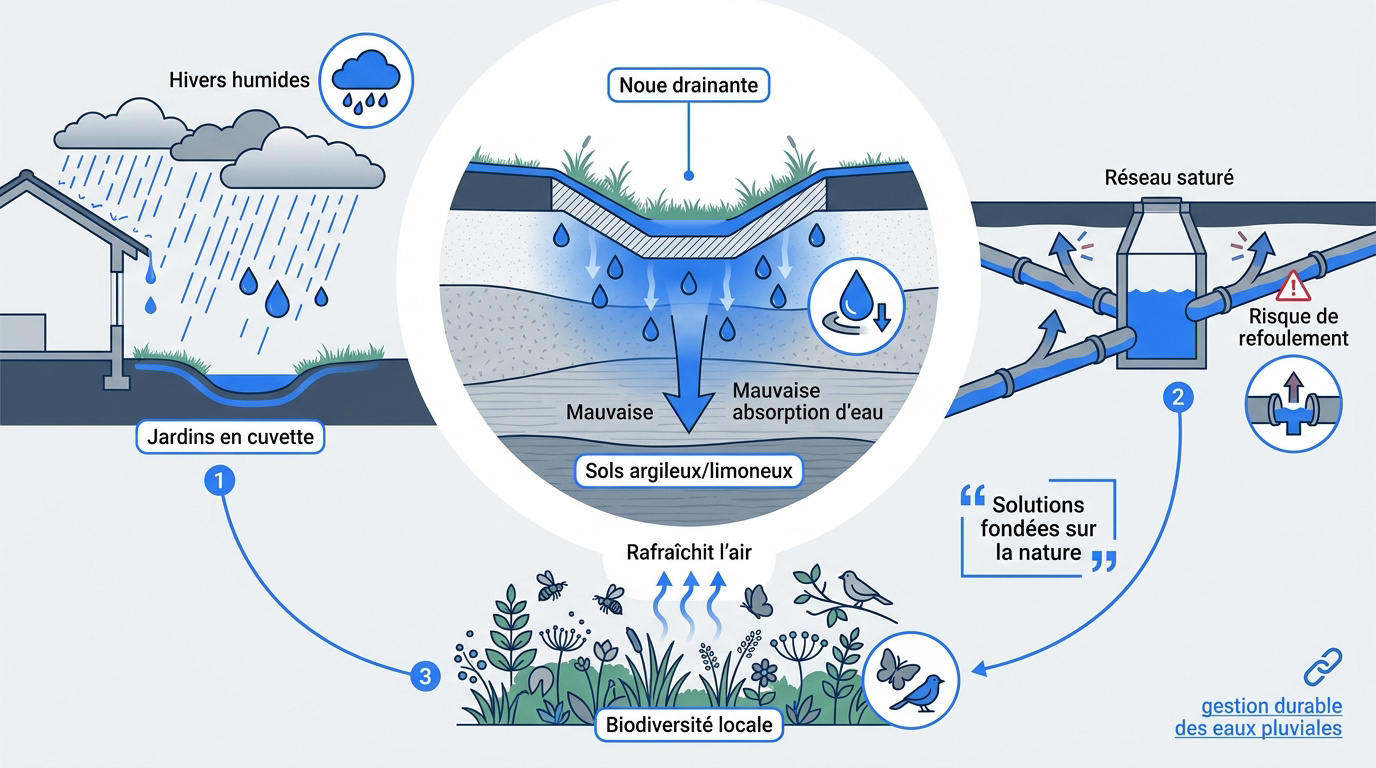 Schéma d'une noue drainante végétalisée pour la gestion des eaux pluviales
