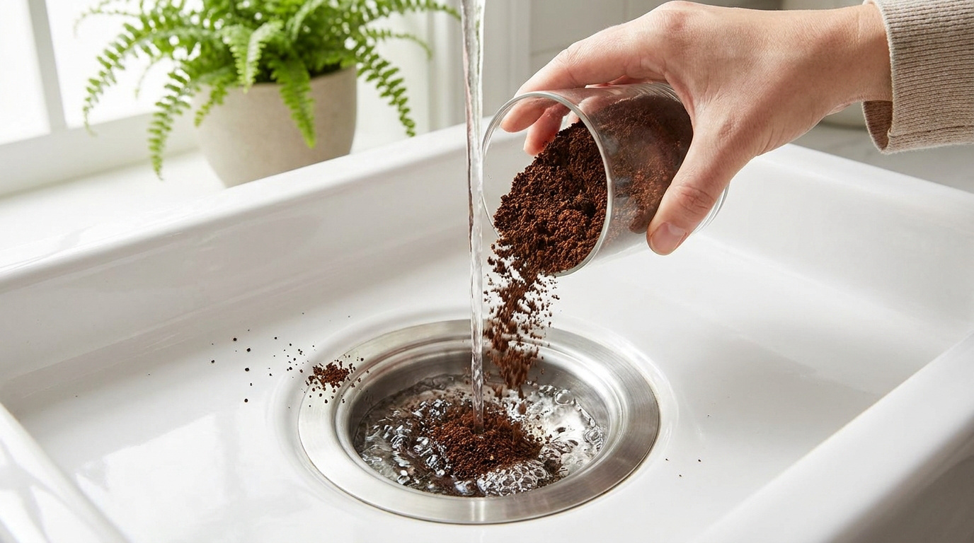 Une main verse du marc de café dans le siphon d'un évier blanc sous un filet d'eau courante.