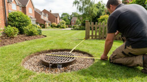 Un ouvrier mesure la distance autour d'une grille de puits perdu dans un jardin résidentiel.