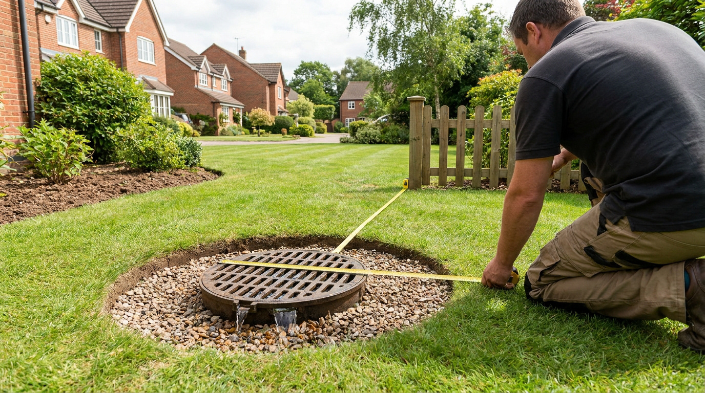 Un ouvrier mesure la distance autour d'une grille de puits perdu dans un jardin résidentiel.