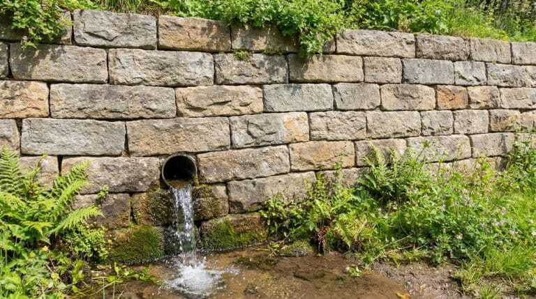 Une barbacane en tuyau évacuant de l'eau à travers un mur de soutènement en pierres sèches entouré de végétation.