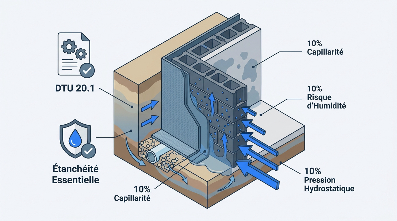 Schéma technique de la pression hydrostatique sur un mur enterré.