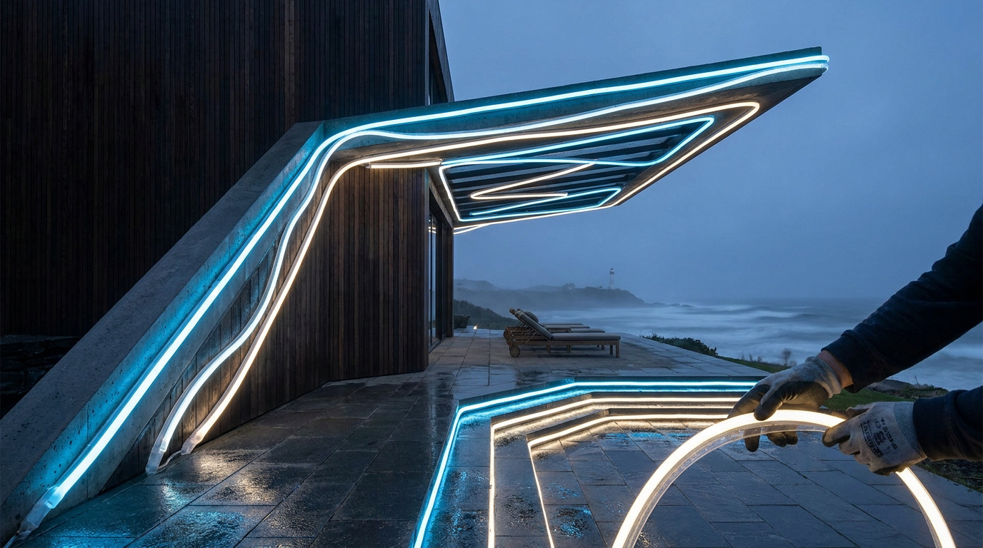 Installation de rubans néon LED flexibles sur une structure architecturale en bord de mer au crépuscule.
