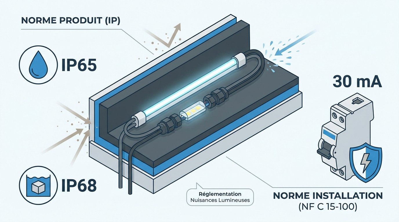 Schéma technique des indices de protection IP65 et IP67 pour néon LED extérieur
