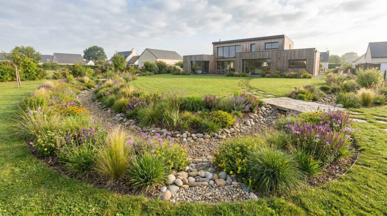 Une noue drainante courbe remplie de galets et entourée de fleurs et d'herbes devant une maison moderne en bois.