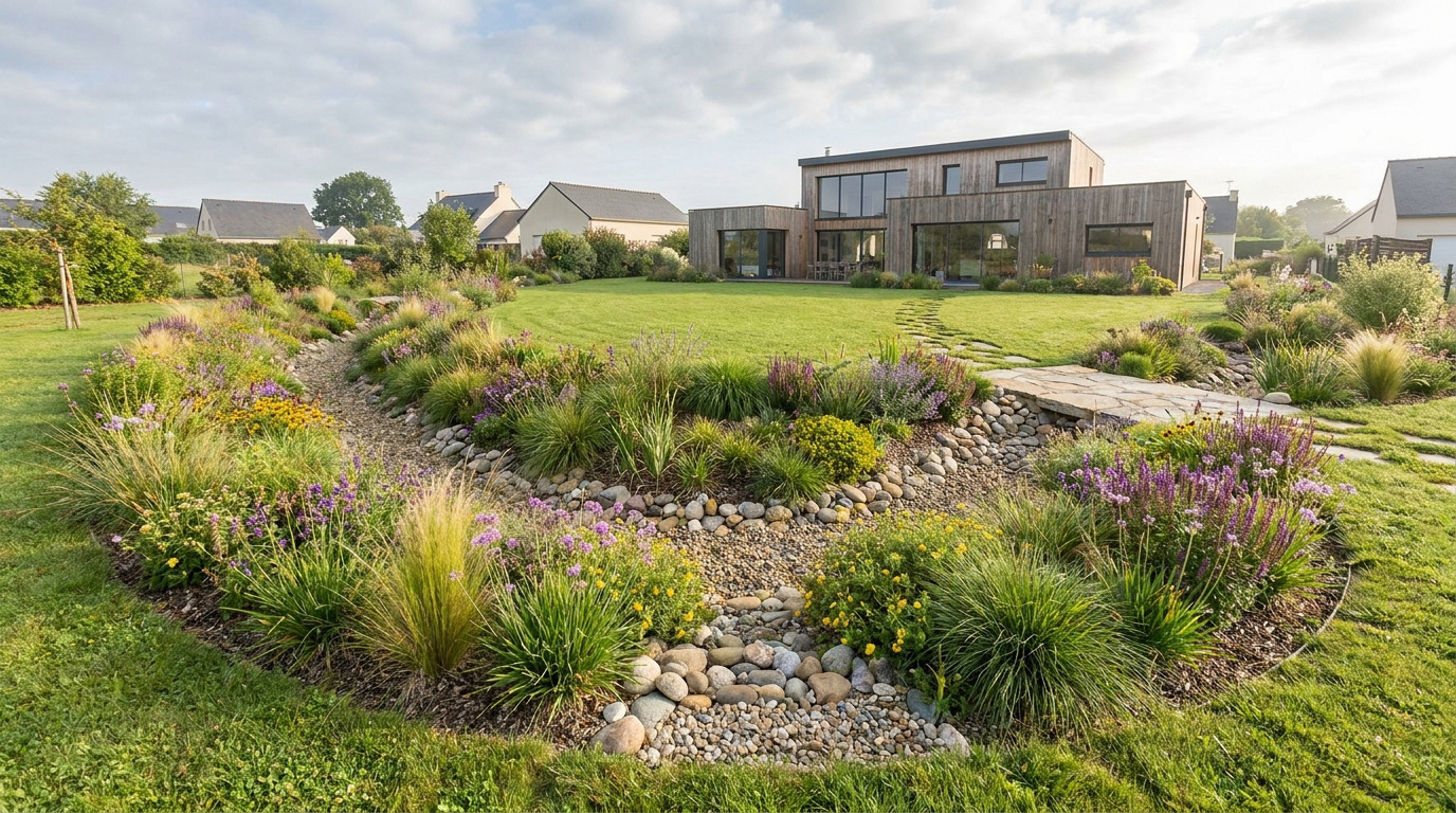 Une noue drainante courbe remplie de galets et entourée de fleurs et d'herbes devant une maison moderne en bois.