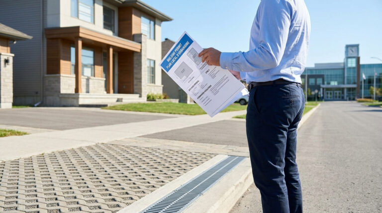 Un homme en tenue de ville tient un plan de zonage devant une maison individuelle avec un système d'évacuation d'eau.