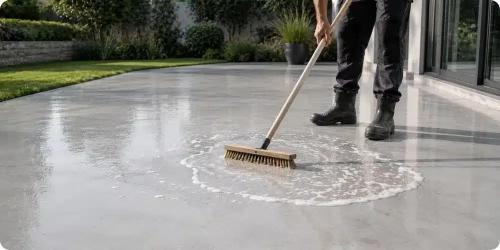 personne nettoyant une terrasse extérieure moderne en béton décoratif lissé gris clair