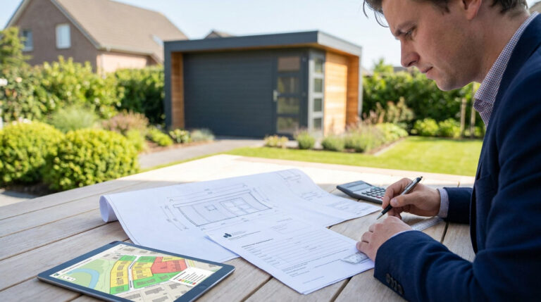 Un homme en costume étudie des plans d'abri de jardin sur une tablette et du papier dans un jardin.