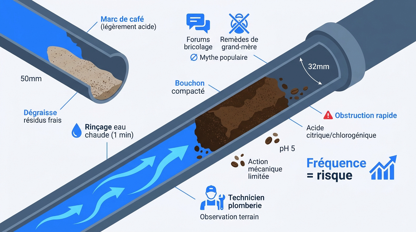 Accumulation de marc de café dans un siphon de cuisine obstrué