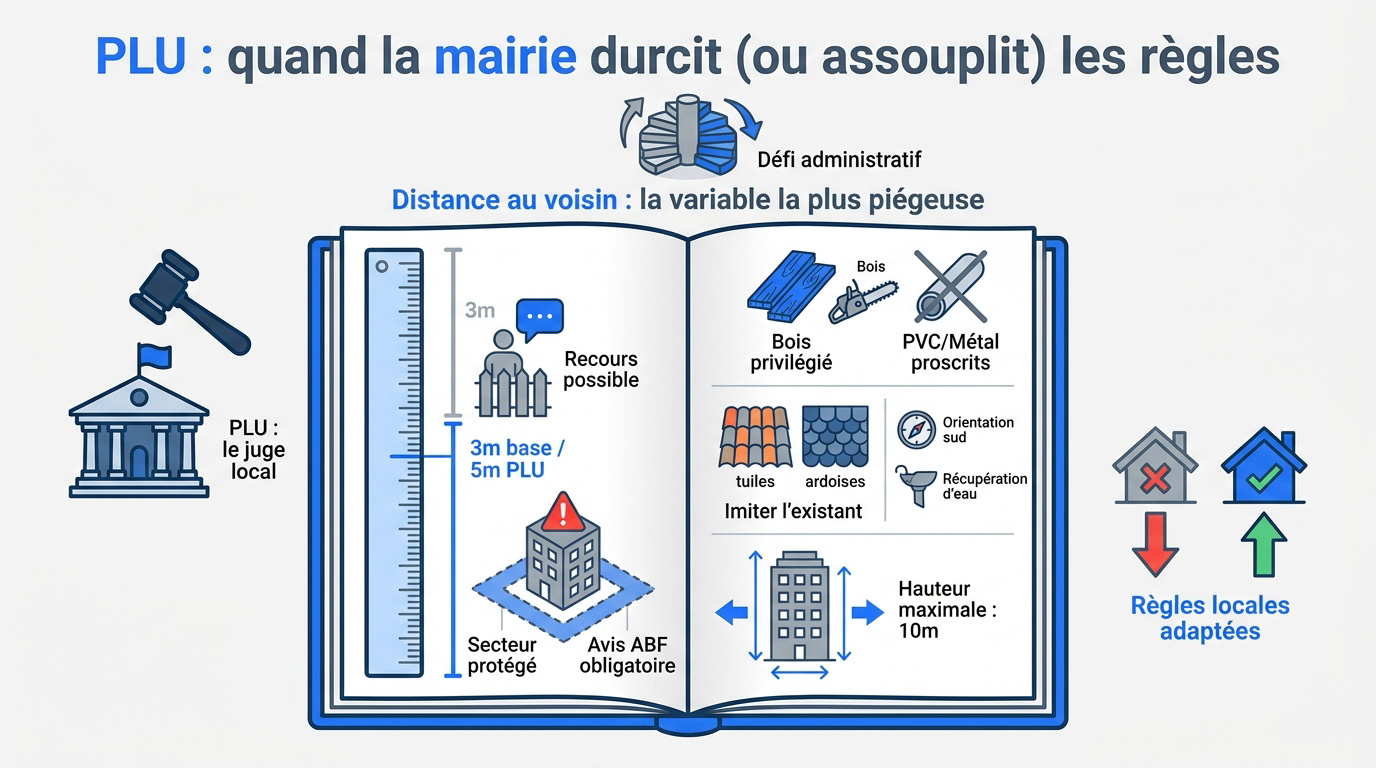 Schéma des distances réglementaires entre un abri de jardin et la limite de propriété voisine selon le PLU