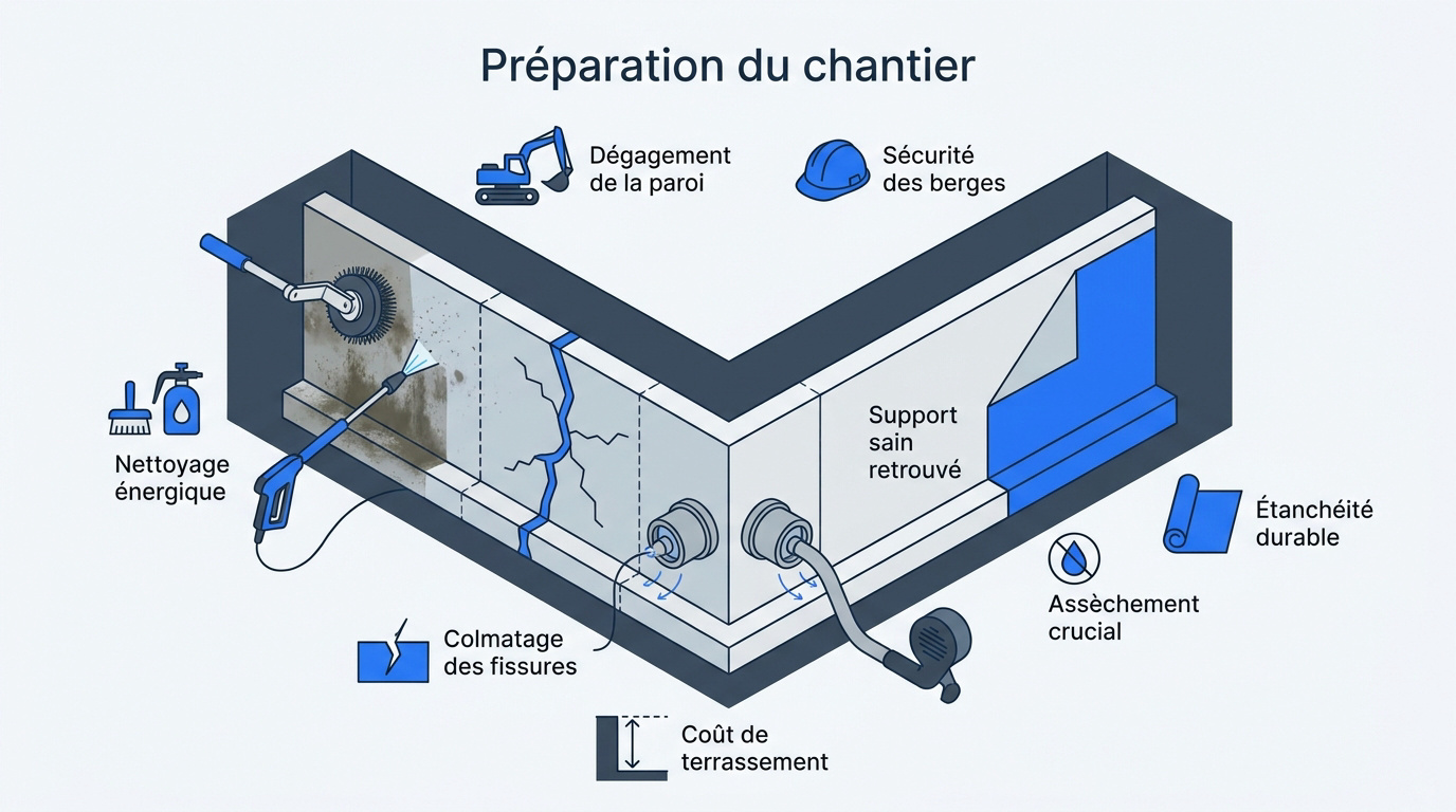 Préparation technique d'un mur de fondation avant application d'un revêtement d'étanchéité