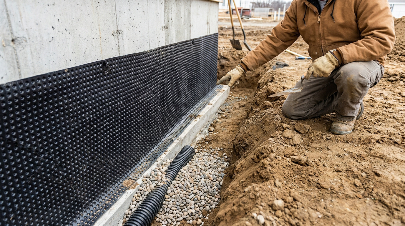 Un ouvrier installe une membrane alvéolée et un drain sur un mur de fondation en béton enterré.