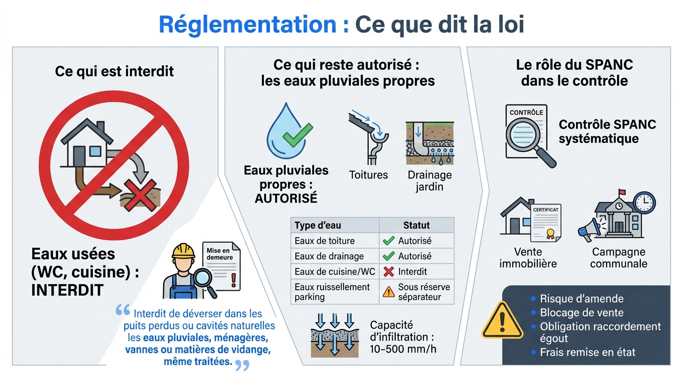 Tableau réglementaire des rejets autorisés et interdits en puits perdu