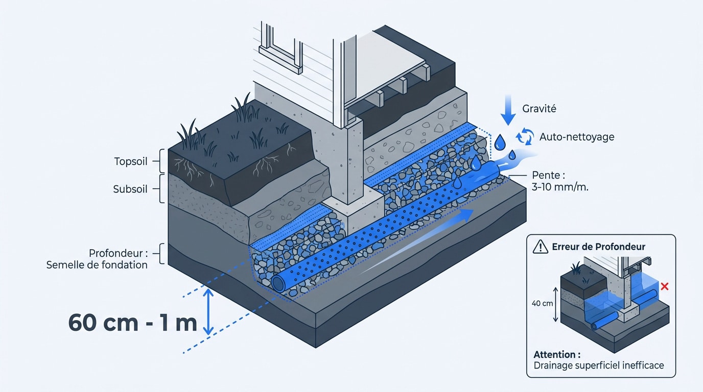 Schéma technique de la pose d'un drain périphérique au niveau des fondations