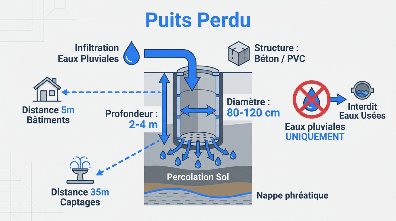 Schéma technique en coupe verticale d'un puits perdu pour eaux pluviales