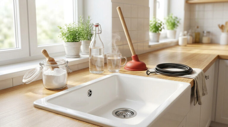 Évier de cuisine blanc avec bicarbonate de soude, une ventouse et un furet pour le débouchage naturel.