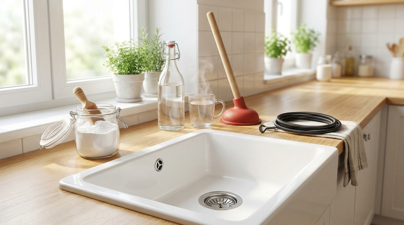 Évier de cuisine blanc avec bicarbonate de soude, une ventouse et un furet pour le débouchage naturel.