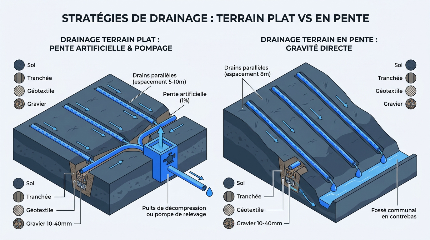Schéma technique comparatif du drainage sur terrain plat et terrain en pente
