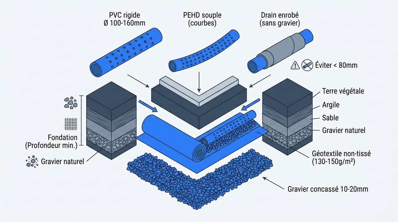 Schéma technique d'un système de drainage périphérique avec tuyau perforé, gravier et géotextile