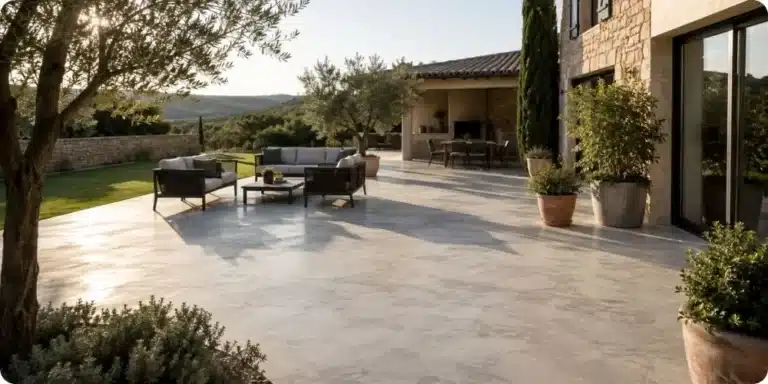 terrasse extérieure moderne en béton décoratif lissé gris clair