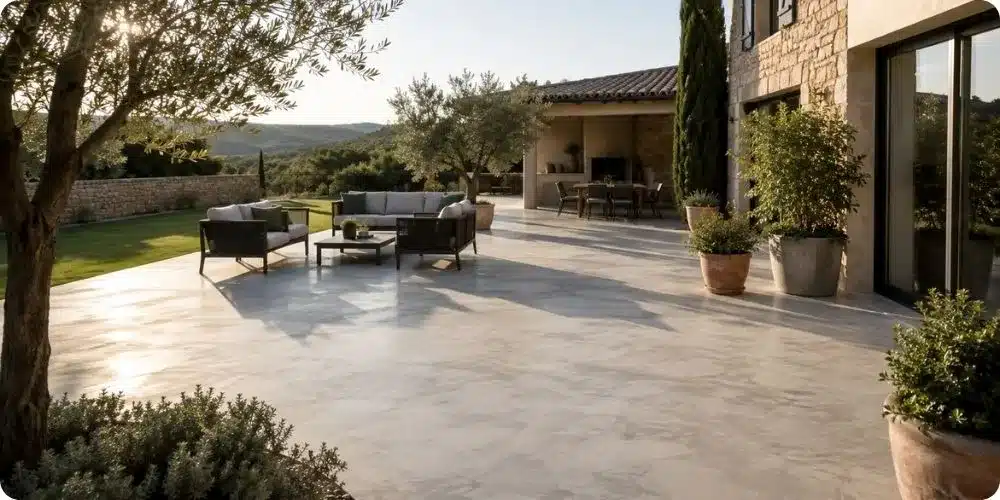 terrasse extérieure moderne en béton décoratif lissé gris clair
