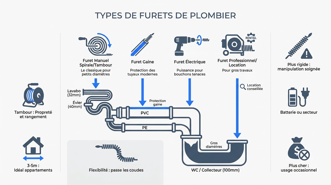 Différents modèles de furets de plombier manuels et à tambour pour canalisations