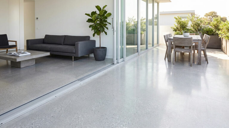 Salon moderne avec un sol en béton quartzé brillant s'ouvrant sur une terrasse extérieure.