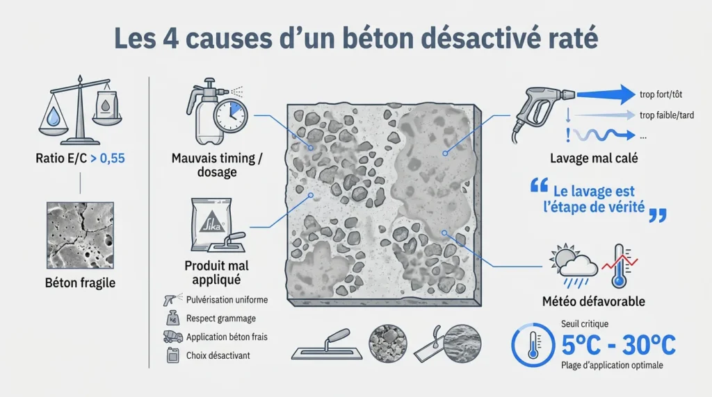 Ouvrier vérifiant la texture d'un béton désactivé présentant des défauts de surface