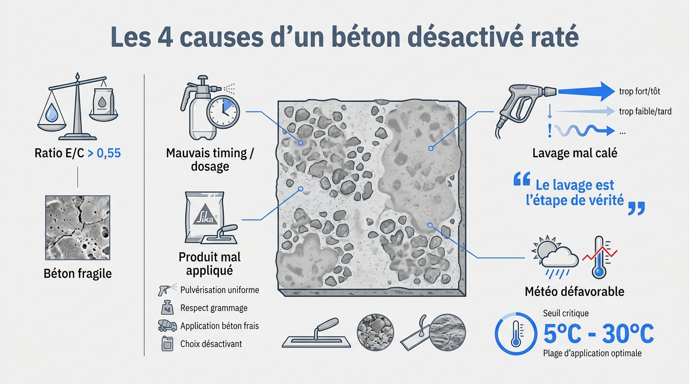 Ouvrier vérifiant la texture d'un béton désactivé présentant des défauts de surface